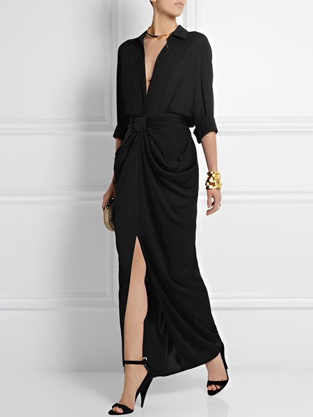 

Loose Urban Plain Shirt Collar Dress, Black, Maxi Dresses