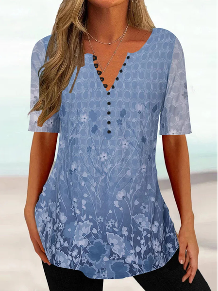 

Loose Casual Floral V Neck Shirt, Blue, Shirts & Blouses