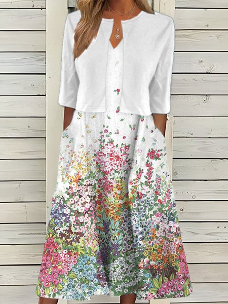 

Elegant Floral Crew Neck Two-Piece Set, White, Casual Dresses