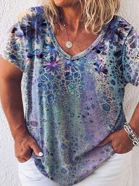 

Plus Size Casual Geometric Abstract Floral Printed Off Shoulder Loosen Short Sleeve T-Shirt, Blue, T-Shirts
