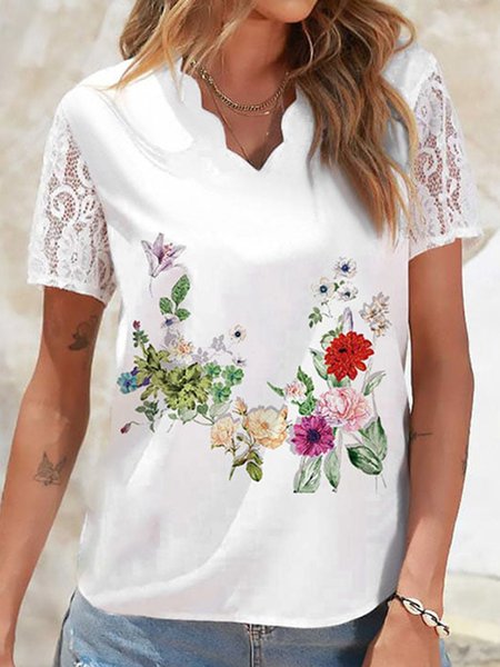 

Casual V Neck Floral T-Shirt, White, T-Shirts