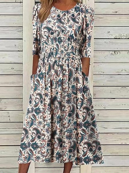 

Crew Neck Boho Loose Paisley Dress, Blue, Dresses