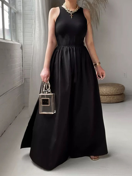 

Regular Fit Elegant Plain Crew Neck Sleeveless Long Dress, Black, Maxi Dresses