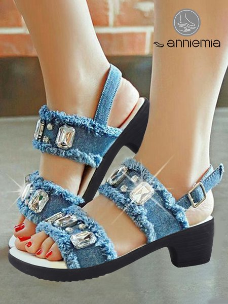 

Fashion Rhinestone Blue Denim Block Heel Sandals, Sandals