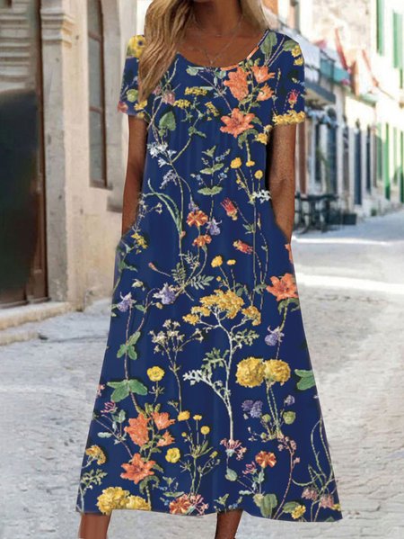 

Plus Size Jersey Floral Crew Neck Vacation Dress, Deep blue, Dresses