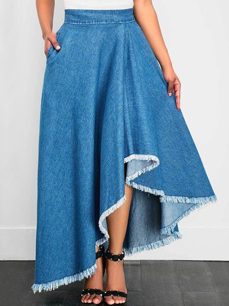 

Loose No Elasticity Urban Plain Denim Long Skirt, Denim blue, Skirts
