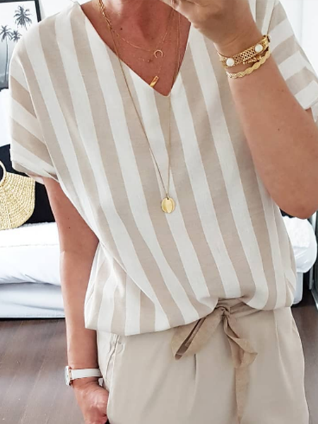 

V Neck Loose Striped Casual Shirt, Khaki, Tees & T-shirts