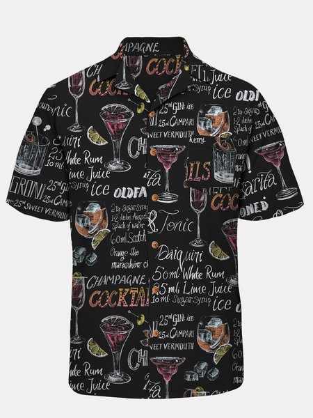

Cocktail Chest Pocket Short Sleeve Resort Shirt, Black, Men Shirts