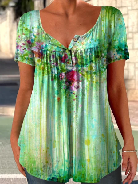

Women's Flower Print Casual T-Shirt, Green, T-shirts