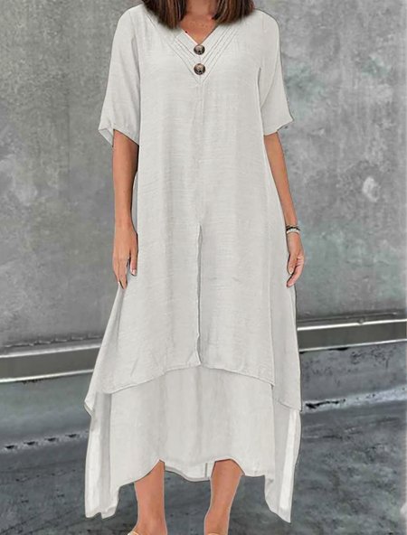 

V Neck Plain Linen Cotton And Linen Dress, White, Midi Dresses