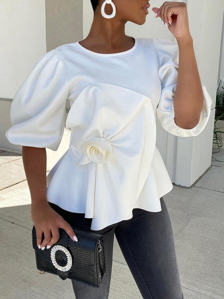 

Regular Fit Crew Neck Plain Elegant Blouse, White, Blouses and Shirts