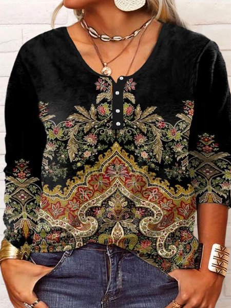 

Plus Size Crew Neck Ethnic T-Shirt, Black, T-Shirts