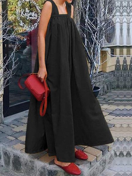 

Loose Plain Casual Spaghetti Long Dress, Black, Maxi Dresses