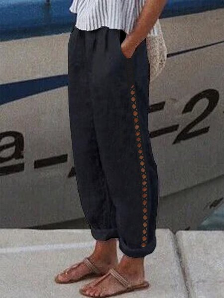 

Loose Casual Pockets Elastic Waist Hollow Out Lace Plain Linen Pants, Black, Pants