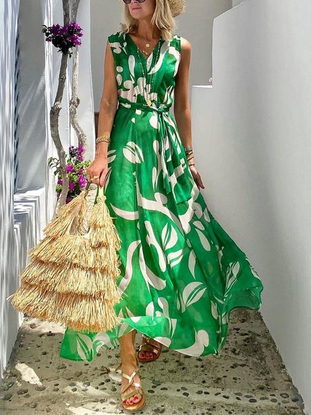 

Floral Vacation V Neck Regular Fit Maxi Dress, Green, Maxi Dresses