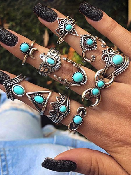 

11Pcs Ethnic Silver Turquoise Vintage Ring Set Vacation Beach Women Jewelry, As picture, Rings