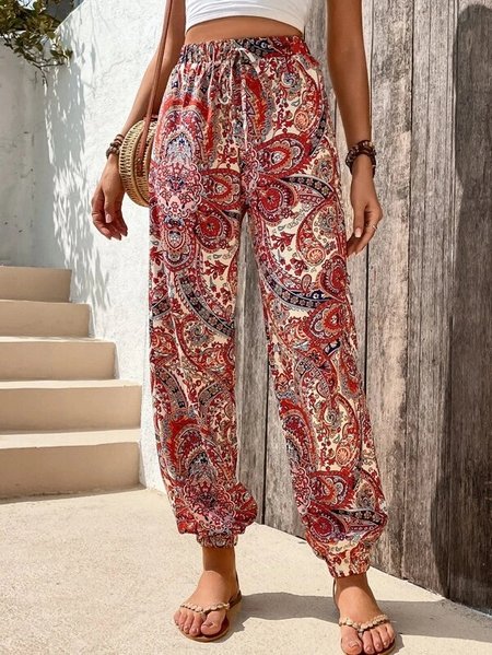

Women's Vintage Loose Paisley Summer Pants, Red, Pants