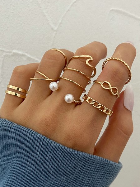 

10Pcs Urban Silver Pearl Line Ring Set Casual Commuting Ladies Jewelry, Golden, Rings