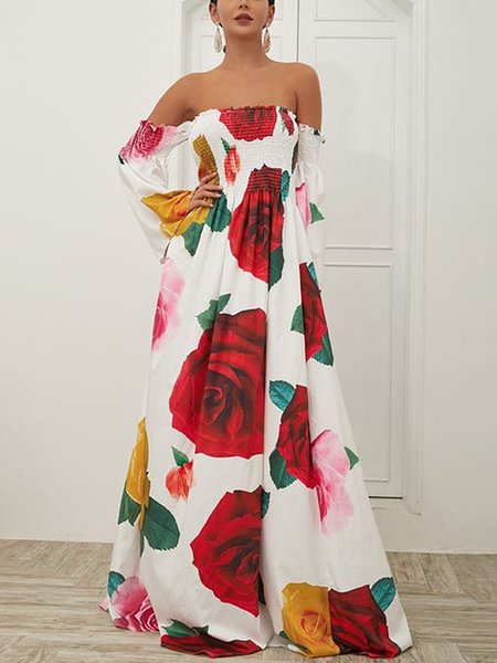 

Loose Cold Shoulder Floral Vacation Dress, As picture, Maxi Dresses