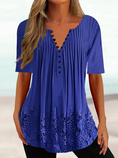 

V Neck Casual Lace Plain Shirt, Blue, Shirts & Blouses
