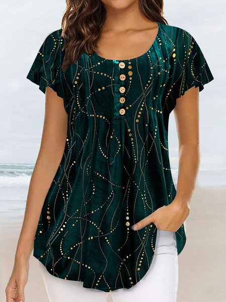 

Ruffled Sleeves Geometric Elegant Shirt, Darkgreen, Shirts & Blouses