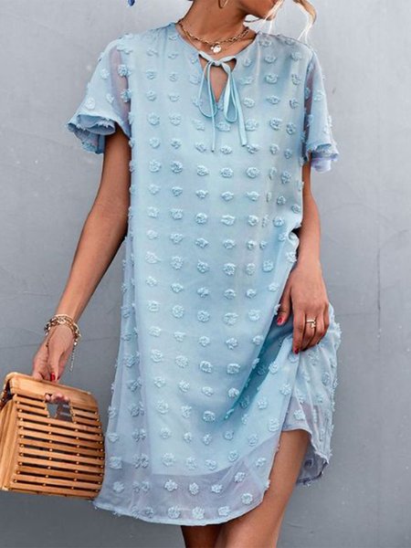 

V Neck Loose Elegant Ruffled Sleeves Lace-Up Dress, Blue, Dresses