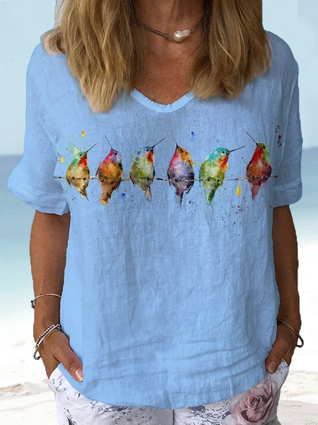 

Women Casual Bird Crew Neck Loose Short Sleeve Summer Linen T-shirt, Blue, Tees & T-shirts