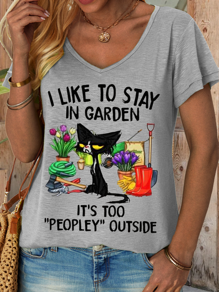 

Women‘s Funny Word Garden And Black Cat It’s Too Peopley Outside Flowers Simple T-Shirt, Gray, T-shirts