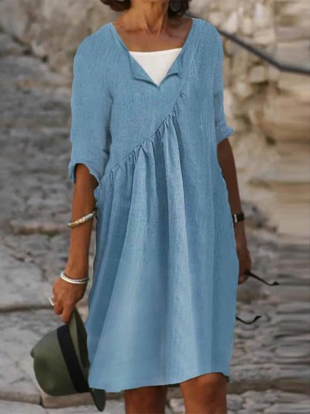 

Faux Two Piece Loose Linen Cotton And Linen Summer Dress, Blue, Mini Dresses