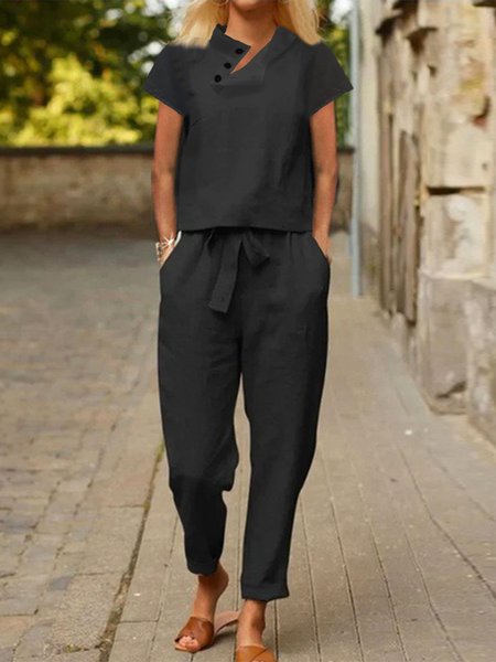 

Casual Plain Short Sleeve Buckle Asymmetrical Collar Lace-up Top With Pockets Pants Two-Piece Set, Black, Suit Set