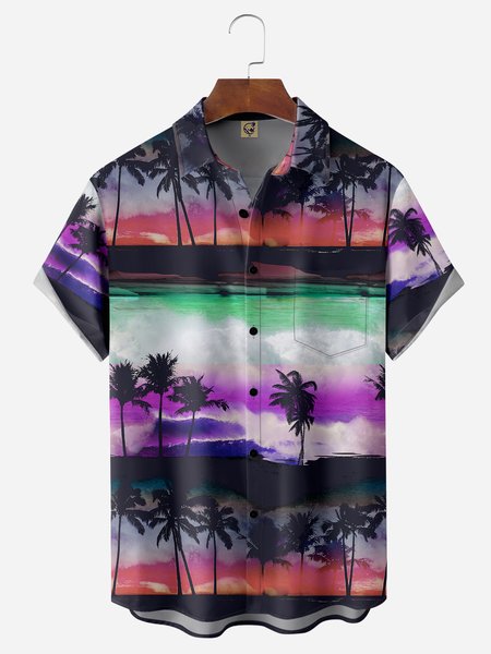 

Coconut Tree Chest Pocket Short Sleeve Hawaiian Shirt, Black-purple, Men Shirts