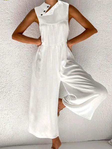 

Plain Cotton And Linen Linen Buttoned Jumpsuit, White, Jumpsuits＆Rompers