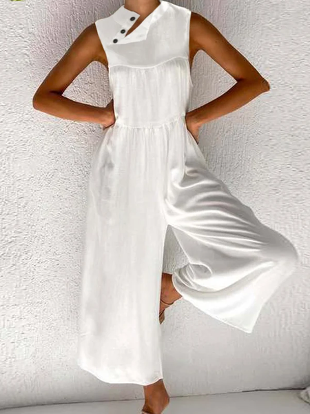

Plain Cotton And Linen Linen Buttoned Jumpsuit, White, Jumpsuits & Rompers