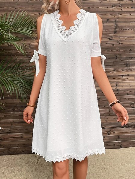 

V Neck Lace Casual Chiffon Loose Summer Dress, White, Dresses