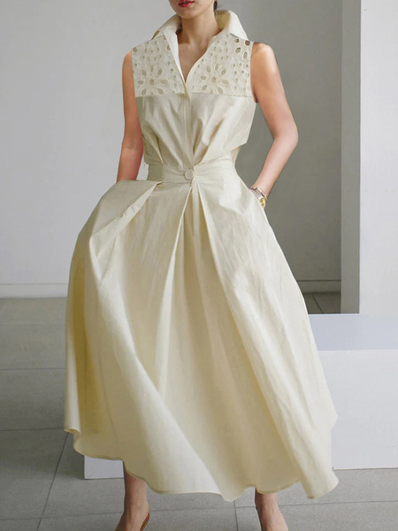 

Regular Fit Elegant Shirt Collar Sleeveless Long Dress, Apricot, Maxi Dresses