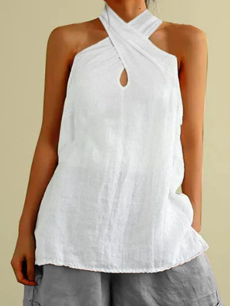 

Women Casual White Cross Neck Halter Neck Loose Sleeveless Cotton Linen Tank Top, Tank Tops & Camis