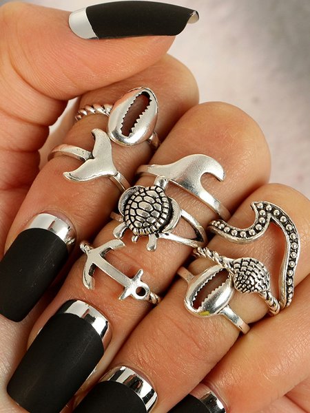 

8Pcs Casual Silver Turtle Anchor Shell Pattern Ring Set Holiday Daily Women Jewelry, Rings