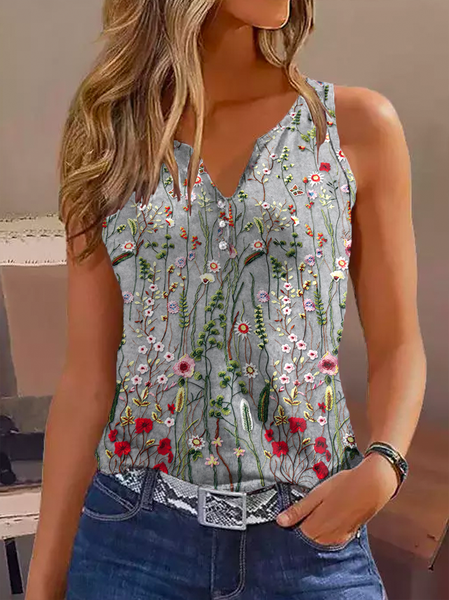 

Women's Sleeveless Tank Top Camisole Summer Floral Notched Daily Going Out Casual Top, Gray, Tanks & Camis