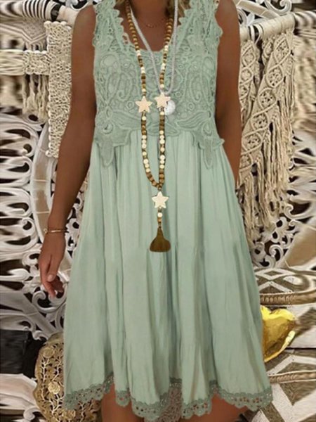 

Lace Loose Casual Plain Dress, Lightgreen, Mini Dresses