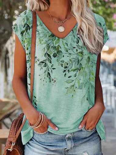 

Casual Knitted Leaf Summer T-Shirt, Green, T-Shirts