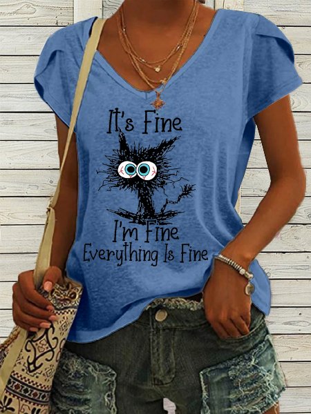 

Women's Grumpy Cat I'm Fine Letters Casual T-Shirt, Blue, T-shirts