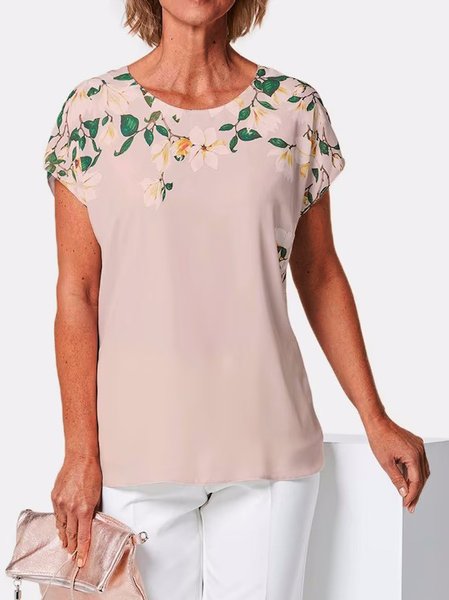 

Elegant Crew Neck Loose Floral Summer Shirt, Pink, Dresses