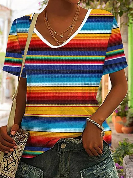 

Geometric Casual Loose V Neck T-Shirt, Blue, T-Shirts