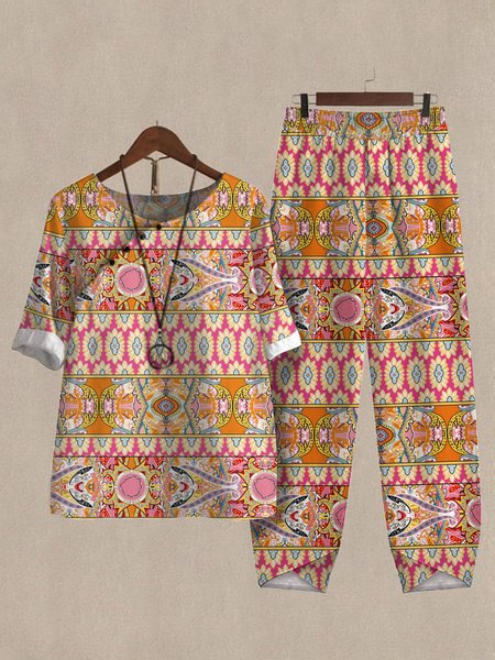 

Ethnic Asymmetrical Collar Two-Piece Set, Orange, Tops