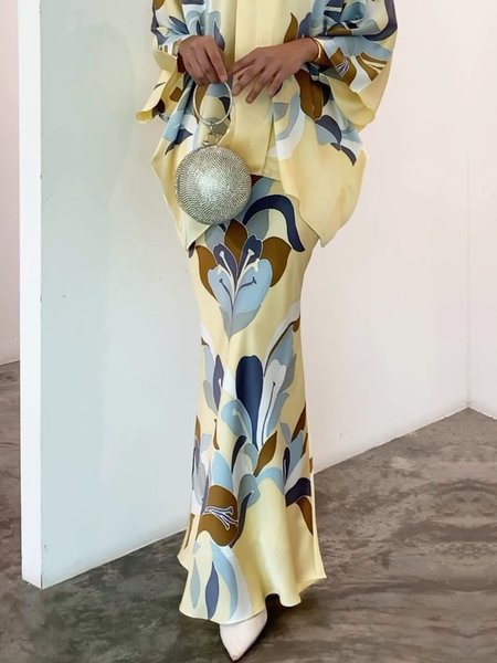Elegant Floral Print Regular Fit Long Skirt, Yellow, Skirts