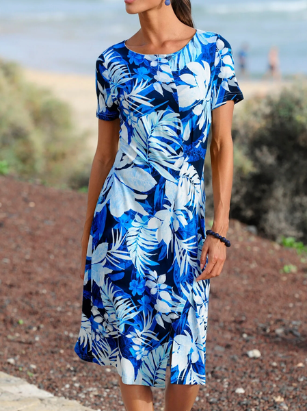 

Vacation Floral leaf Crew Neck Summer Dress, Blue, Dresses