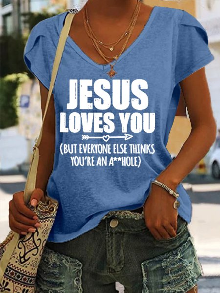 

Women's Jesus Loves You Letters Casual Loose T-Shirt, Blue, T-shirts