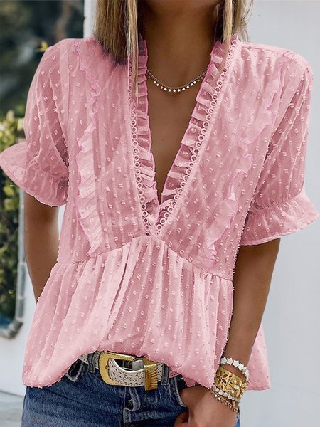 

Elegant V Neck Plain Lace Shirt, Pink, Blouses & Shirts