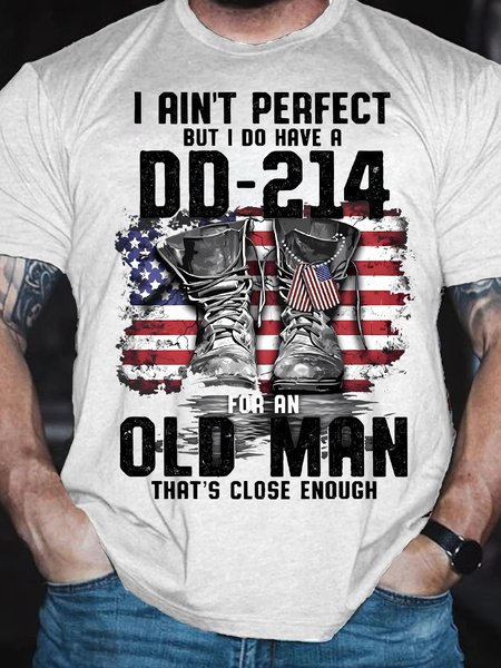 

Men's I Ain'T Perfect But I Do Have A Dd-214 For An Old Man That'S Close Enough Funny America Flag Graphic Printing Text Letters Cotton Loose Casual T-Shirt, White, T-shirts