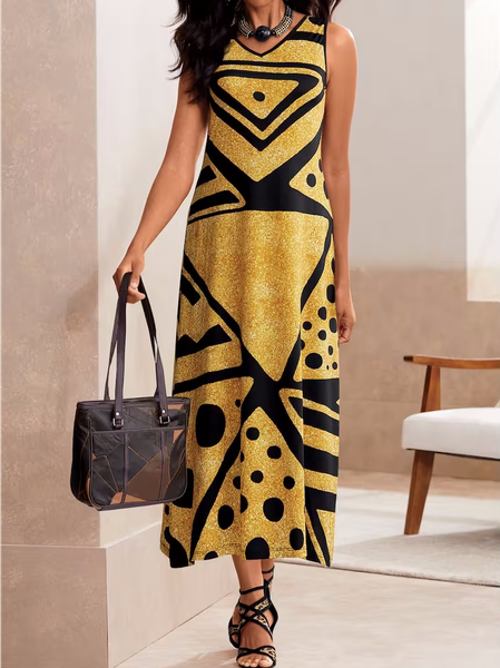 

Crew Neck Geometric Casual Loose Summer Dress, Yellow, Dresses